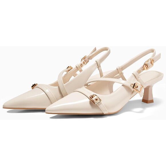 Women's Beige Slingback Kitten Heels Low Heel Closed Pointed Toe Pumps Buckle - Picture 4 of 5